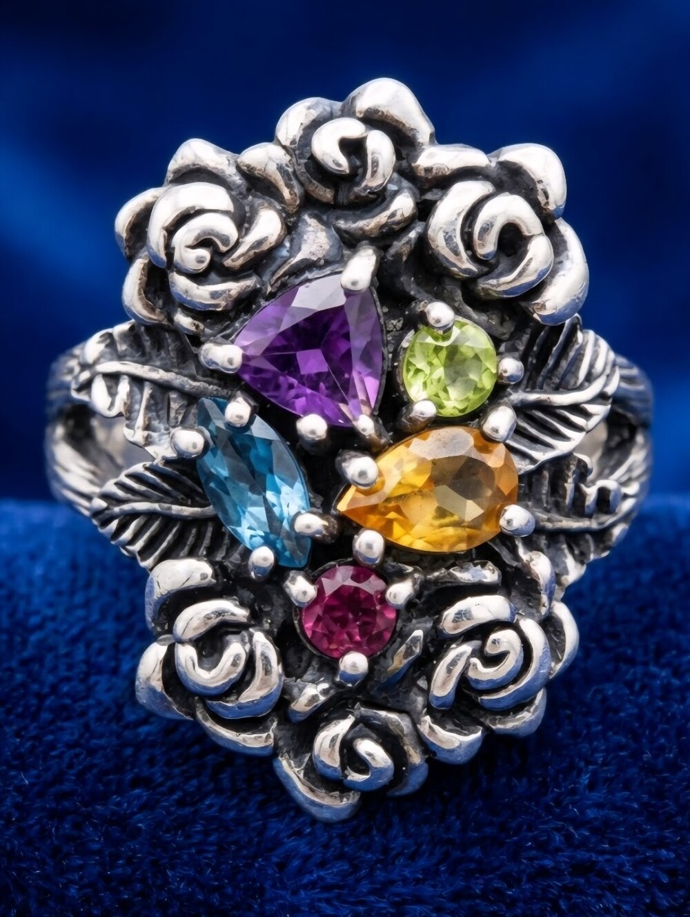 Vintage 925 Sterling Silver Multi Gemstone Rose Floral Cocktail Ring Sz 8